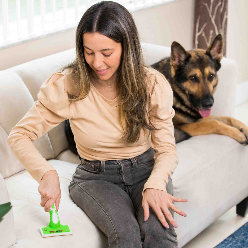 Woman on couch with dog using FurDozer pet hair remover