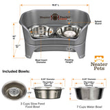 Dimensions of medium to large Gunmetal EXPRESS Neater Feeder, 3 cup Stainless Steel Slow Feed Bowl, and 7 cup water bowl