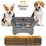 gunmetal gray medium DELUXE Neater Feeder with Stainless Steel Slow Feed Bowl information chart