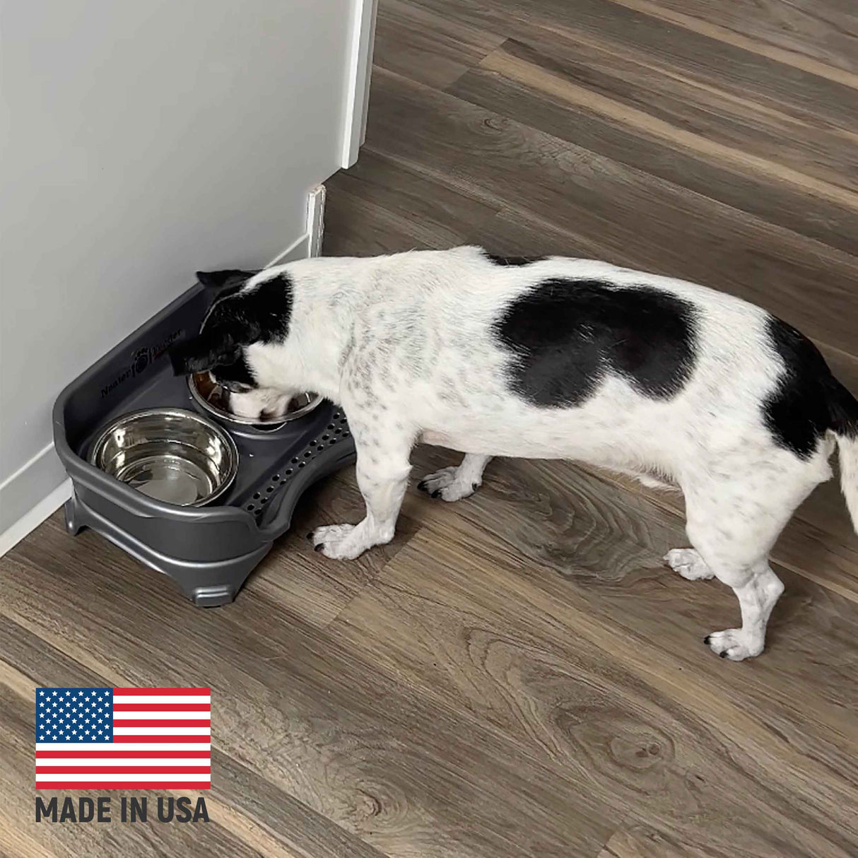 Small dog eating from Gunmetal Express - Made in the USA