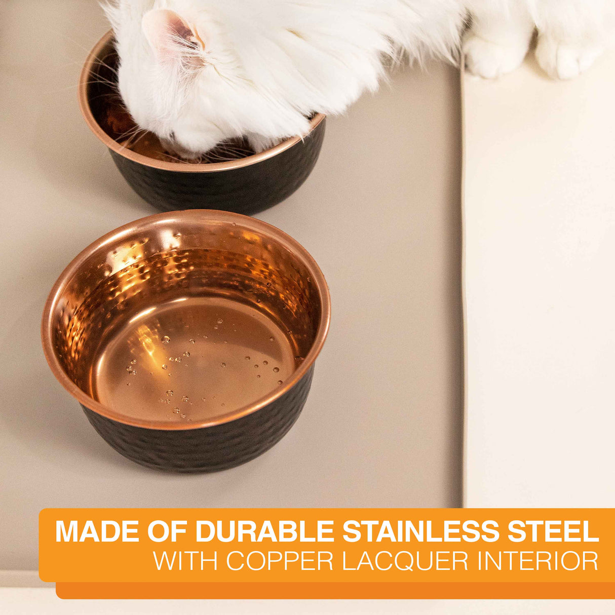 Cat drinking out of Black Hammered Copper Finish Bowls