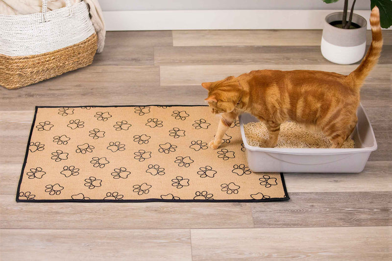 Cat stepping out of litter box onto a jute litter mat