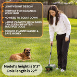 A woman using Lift N' Bag to pick up dog waste in a backyard. There's a dog laying in the background. Text on screen highlights several key features: compact and lightweight design, can be used in the yard or on walks, large capacity bin and bags can clean up after multiple dogs, reduce plastic waste, and save money. It also says that the model's height is 5 foot 3 inches and the poles length is 22 inches.