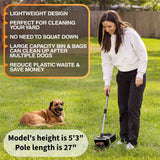 A woman using Lift N' Bag to pick up dog waste in a backyard. There's a dog laying in the background. Text on screen highlights several key features: compact and lightweight design, can be used in the yard or on walks, large capacity bin and bags can clean up after multiple dogs, reduce plastic waste, and save money.