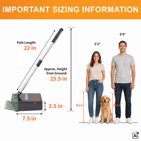 Lift N’ Bag pooper scooper sizing chart showing 22-inch pole length, 25.5-inch ground height, and compact scoop dimensions. Shows pole length compared to a 5'2" person and a 6'0" person.