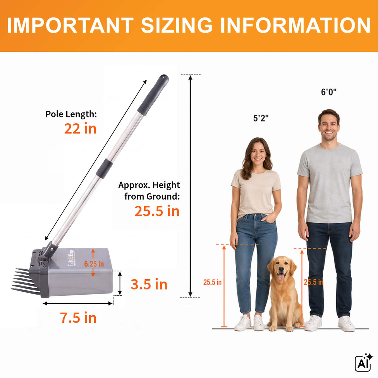 Lift N’ Bag pooper scooper sizing chart showing 22-inch pole length, 25.5-inch ground height, and compact scoop dimensions. Shows pole length compared to a 5'2" person and a 6'0" person.