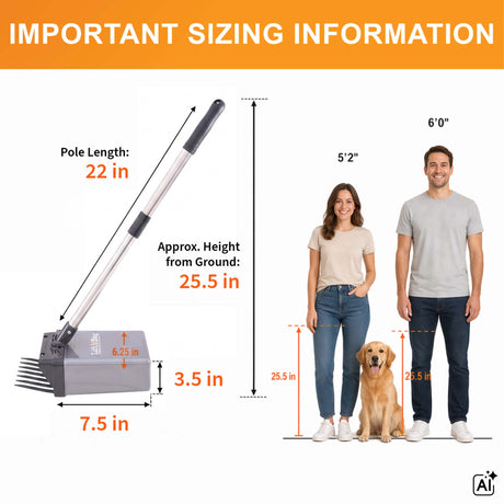 Lift N’ Bag pooper scooper sizing chart showing 22-inch pole length, 25.5-inch ground height, and compact scoop dimensions. Shows pole length compared to a 5'2" person and a 6'0" person.