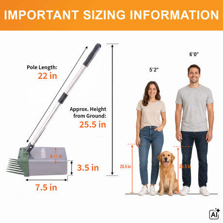 Lift N’ Bag pooper scooper sizing chart showing 22-inch pole length, 25.5-inch ground height, and compact scoop dimensions. Shows pole length compared to a 5'2" person and a 6'0" person.