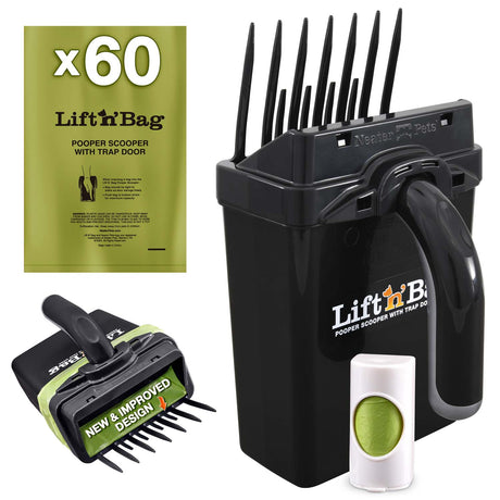Pet waste management kit with 'Lift 'n Bag' pooper scooper and bags on a white background