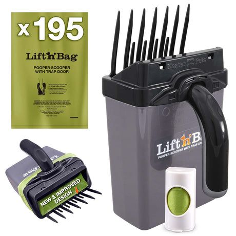 Pet waste management kit with 'Lift 'n Bag' pooper scooper and bags on a white background