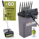 Lift N' Bag pooper scooper pole version and bags. On the left side shows the full height of the pole. On the right is a close-up of the bin. 