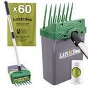 Lift N' Bag pooper scooper pole version and bags. On the left side shows the full height of the pole. On the right is a close-up of the bin. 