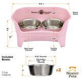 A chart showing the dimensions of the Neater Feeder Express medium to large as well as the stainless steel bowls against a white background.