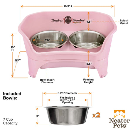 A chart showing the dimensions of the Neater Feeder Express medium to large as well as the stainless steel bowls against a white background.