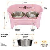 Dimensions of medium to large Almond EXPRESS Neater Feeder, 3 cup Stainless Steel Slow Feed Bowl, and 7 cup water bowl