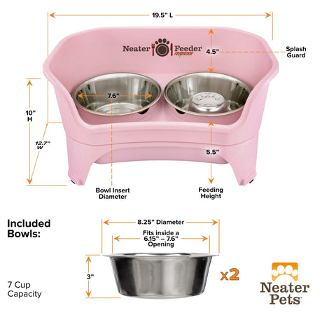 Dimensions of medium to large Almond EXPRESS Neater Feeder, 3 cup Stainless Steel Slow Feed Bowl, and 7 cup water bowl