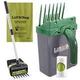 Pet waste management product set with 'Lift n Bag' pooper scooper and container on a white background