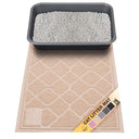 Beige cat litter mat with a litter box on top, featuring a brand label with color swatches (pink, beige, gray, charcoal gray, and black).