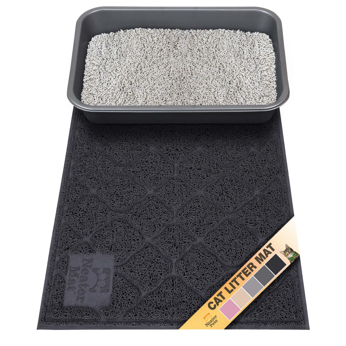 Black cat litter mat with a litter box on top, featuring a brand label with color swatches (pink, beige, gray, charcoal gray, and black).