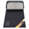 Black cat litter mat with a litter box on top, featuring a brand label with color swatches (pink, beige, gray, charcoal gray, and black).