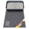 Charcoal cat litter mat with a litter box on top, featuring a brand label with color swatches (pink, beige, gray, charcoal gray, and black).