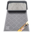 Gray cat litter mat with a litter box on top, featuring a brand label with color swatches (pink, beige, gray, charcoal gray, and black).