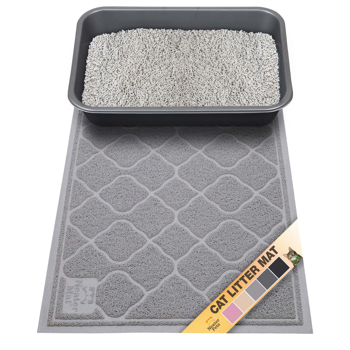 Gray cat litter mat with a litter box on top, featuring a brand label with color swatches (pink, beige, gray, charcoal gray, and black).