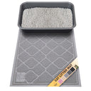 Gray cat litter mat with a litter box on top, featuring a brand label with color swatches (pink, beige, gray, charcoal gray, and black).