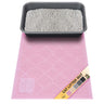 Pink cat litter mat with a litter box on top, featuring a brand label with color swatches (pink, beige, gray, charcoal gray, and black).