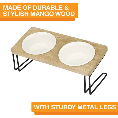 Image showing feeder and explaining that is made of durable mango wood with sturdy metal legs