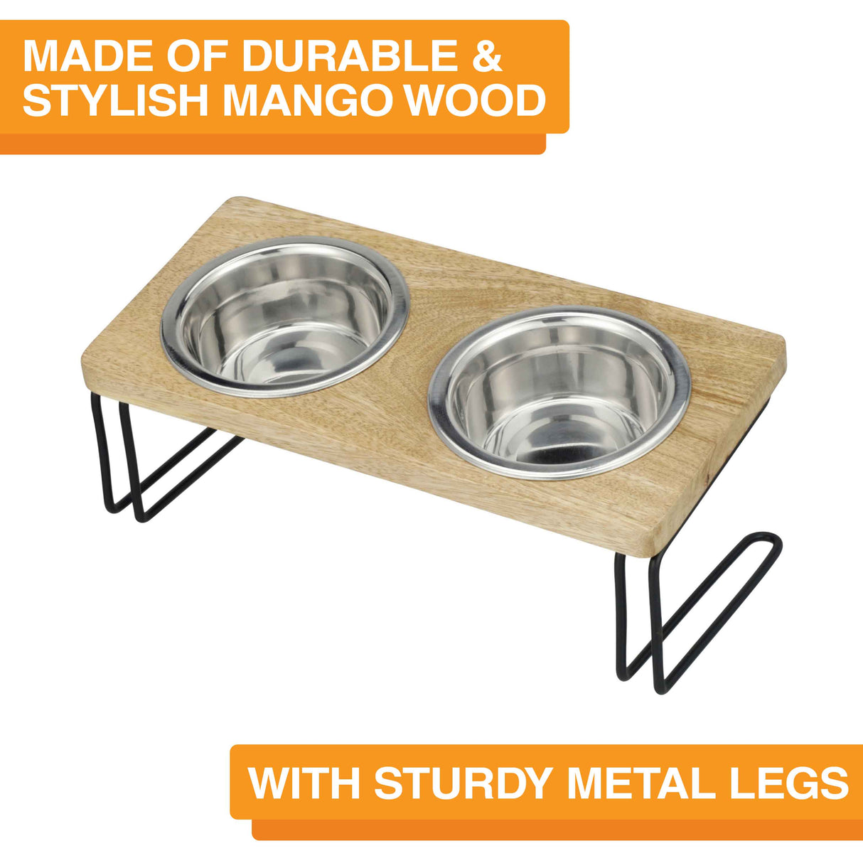 Image showing feeder and explaining that is made of durable mango wood with sturdy metal legs