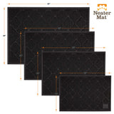 Litter mats are available in four sizes: 17 by 24, 20 by 30, 23 by 35, and 28 by 40.