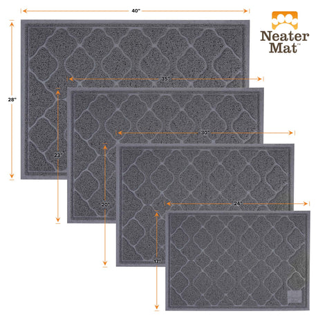 Litter mats are available in four sizes: 17 by 24, 20 by 30, 23 by 35, and 28 by 40.
