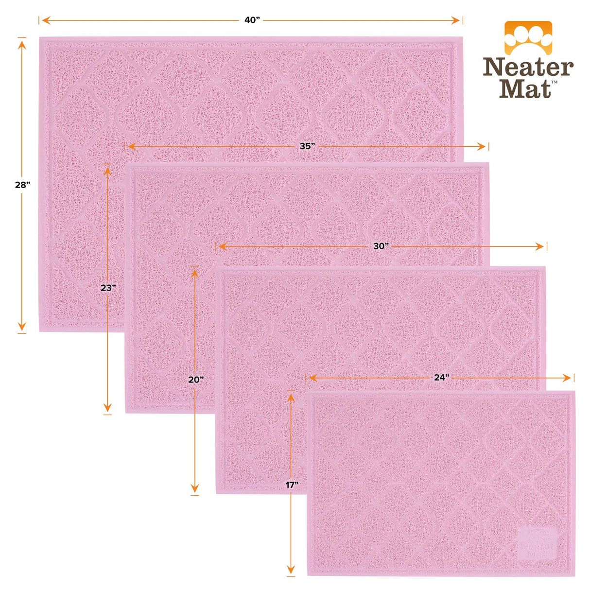 Litter mats are available in four sizes: 17 by 24, 20 by 30, 23 by 35, and 28 by 40.