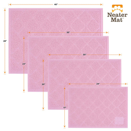 Litter mats are available in four sizes: 17 by 24, 20 by 30, 23 by 35, and 28 by 40.