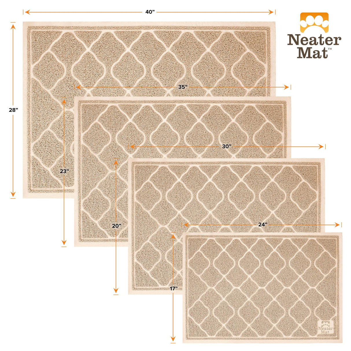 Litter mats are available in four sizes: 17 by 24, 20 by 30, 23 by 35, and 28 by 40.