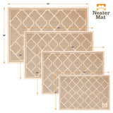 Litter mats are available in four sizes: 17 by 24, 20 by 30, 23 by 35, and 28 by 40.