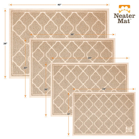Litter mats are available in four sizes: 17 by 24, 20 by 30, 23 by 35, and 28 by 40.