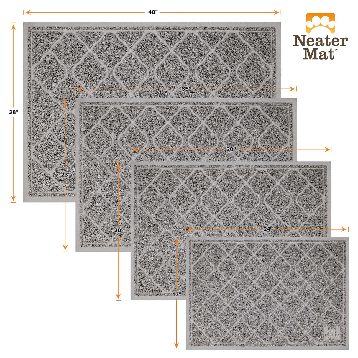 Litter mats are available in four sizes: 17 by 24, 20 by 30, 23 by 35, and 28 by 40.