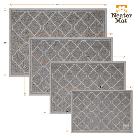 Litter mats are available in four sizes: 17 by 24, 20 by 30, 23 by 35, and 28 by 40.