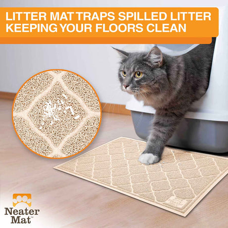 Cat stepping on Grey Neater Pets Litter Trapping Mat keeping floors clean