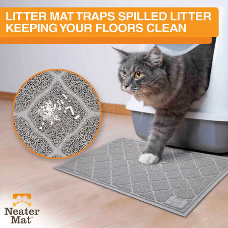 Cat stepping on Grey Neater Pets Litter Trapping Mat keeping floors clean