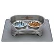 Gray Neater Feeder Express elevated pet bowl set with stainless steel food and water bowls, shown on a matching gray Neater Mat.