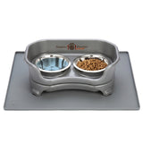 Gray Neater Feeder Express elevated pet bowl set with stainless steel food and water bowls, shown on a matching gray Neater Mat.
