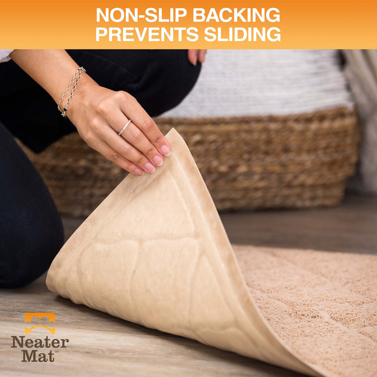 Beige mat with non-slip backing being rolled out on a wooden floor, Neater Mat brand visible.