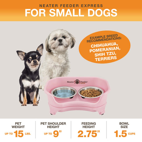 A diagram with sizing information for the small EXPRESS Neater Feeder with Stainless Steel Bowls. The picture displays the ideal pet weight, shoulder height, and the feeding height and bowl capacity. 
