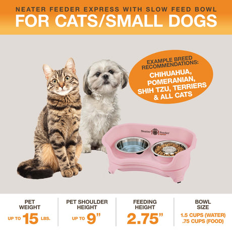 A diagram with sizing information for the small EXPRESS Neater Feeder with Stainless Steel Slow Feed Bowl. The picture displays the ideal pet weight, shoulder height, and the feeding height and bowl capacity. 