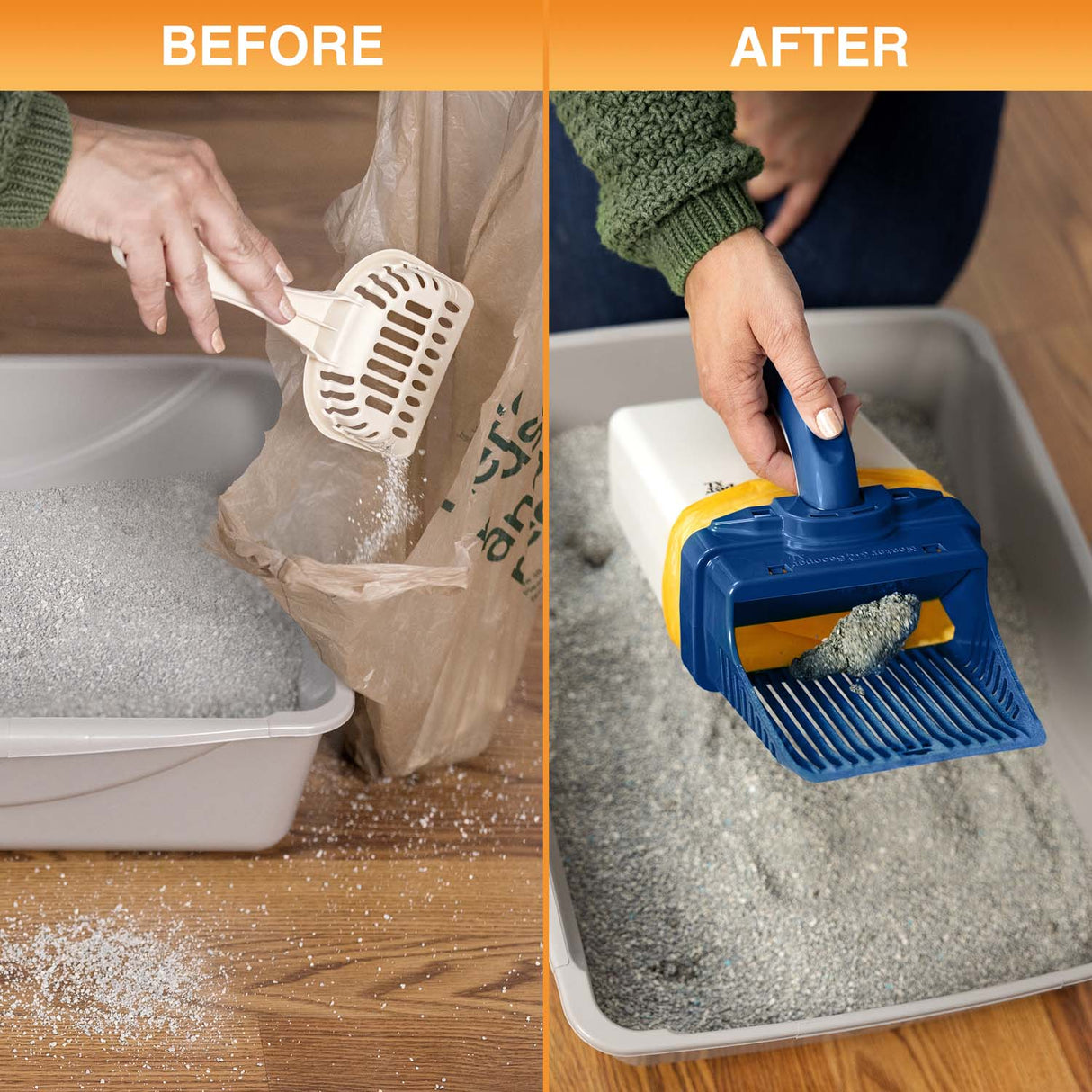 A before picture showing litter spilled all over the floor and an after picture showing a clean floor when using the Neater Scooper