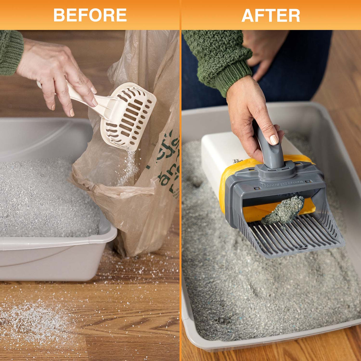 A before picture showing litter spilled all over the floor and an after picture showing a clean floor when using the Neater Scooper