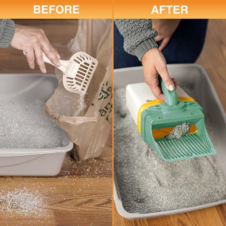 A before picture showing litter spilled all over the floor and an after picture showing a clean floor when using the Neater Scooper